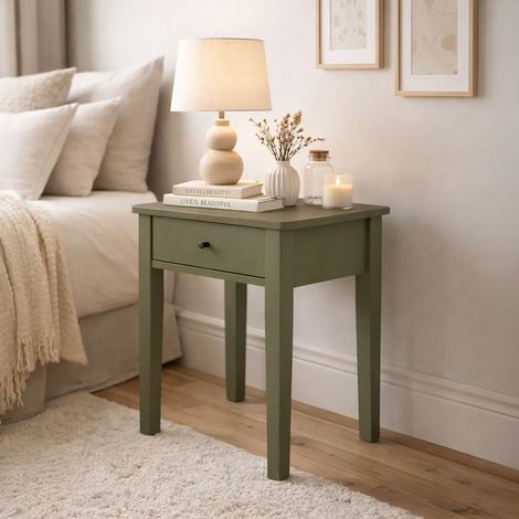 Chevet 1 tiroir 46x36x55 cm en bois de pin kaki (1/5)