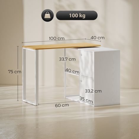 Bureau d'angle pivotant à 360° en forme de L, avec 2 placards de rangement et 2 étagères ouvertes. Idéal pour les petits espaces, comme un bureau ou un salon. Dimensions : 150 x 40 x 75 cm. Couleur : (1/5)