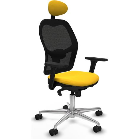 Jorquera sincro malla negra similpiel amarillo brazos 3D base aluminio cabecero fijo ruedas 65mm nailon (1/5)