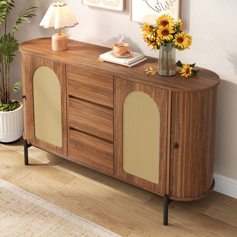 Buffet ovale noyer en rotin avec 2 portes coulissantes 2 portes battantes et 2 tiroirs, aspect bois, pieds métalliques,140x38x77.5 cm