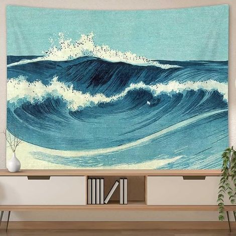 BEBUSINGOTO Tapiz vintage de océano para colgar en la pared, tapiz vintage de acuarela azul con patrón de anime japonés, decoración india para dormitorio, decoración estética del hogar. (1/4)