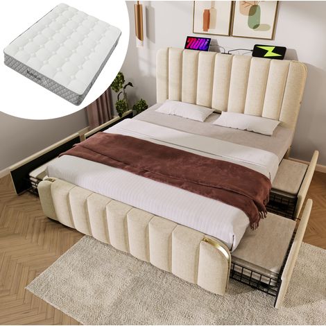 Letto matrimoniale 180x200 cm in tessuto di lino beige con 4 cassetti e materasso – MEUBLIV (1/5)