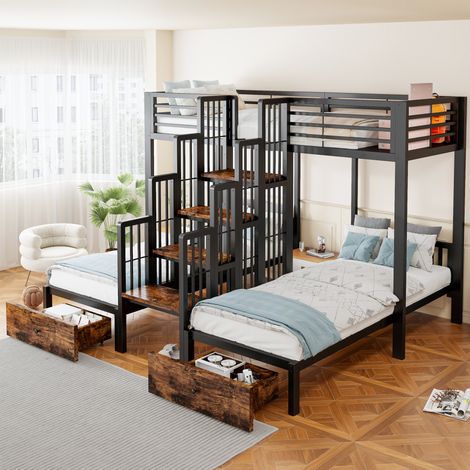 MODFU – Litera de 3 plazas 90x200 cm de metal/madera con escalera central, cajones y barandillas, carga 120 kg – Negro (1/5)