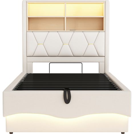 Cama infantil 90x200 cm con almacenaje hidráulico, LED APP, USB, metal y lino, beige (1/5)