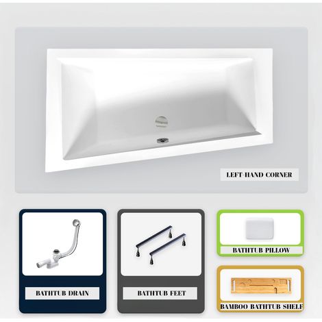 Asymmetrische Badewanne - 150 x 85 cm - Links - ohne Verkleidung - mit Füßen - Kopfstütze - Bambusablage - Ablaufgarnitur Chrom - INTIMA