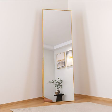 Miroir sur Pied 162x53 cm - Miroir Mural à Suspendre ou à Poser-Miroir Cosmétique en Rectangle avec Cadre en Alliage D'aluminium Miroir - Doré