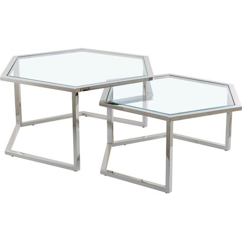 Lot 2 Tables Basses Gigognes HEXAGONA Métal Chrome Plateau Verre Trempé Transparent 60x52x42 / 50x45x38cm (1/5)