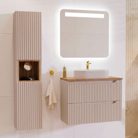 Ensemble meuble simple vasque 80cm 2 tiroirs et colonne Riva Cachemire et Bois (1/5)