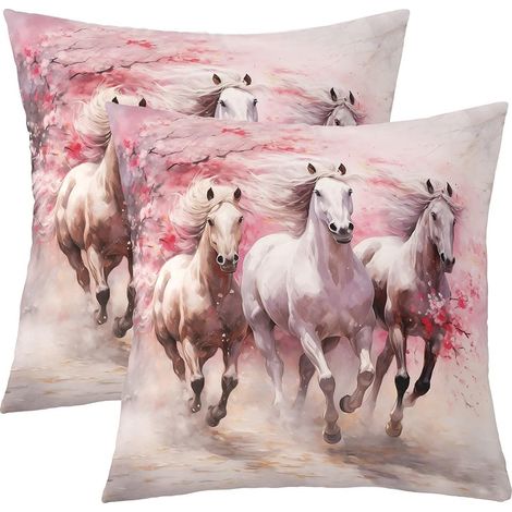 Lot de 2 Housse de Coussin 50x50 Cheval de Course Décoratif Taie d'oreiller Rose Cherry Blossom Holding Taie d'oreiller pour Filles Style Aquarelle pour Femmes Intérieur Taie d'oreiller (1/5)
