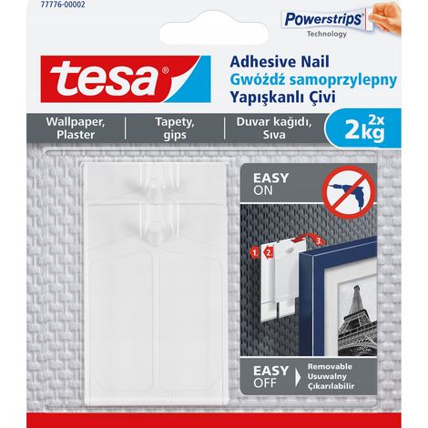 Clou de suspension auto-adhésif TESA jusqu'à 2 kg pour papier peint, plâtre blanc, 2 pièces.