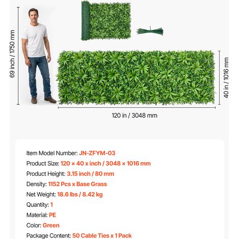 VEVOR Artificial Plant Wall, 40 x 120 in Artificial Boxwood Panels, Sun Protection Greenery Backdrop Privacy Hedge Fence, Fake Grass Screen for Wedding, Indoor, Outdoor Garden, Backyard (1 PC) (1/4)