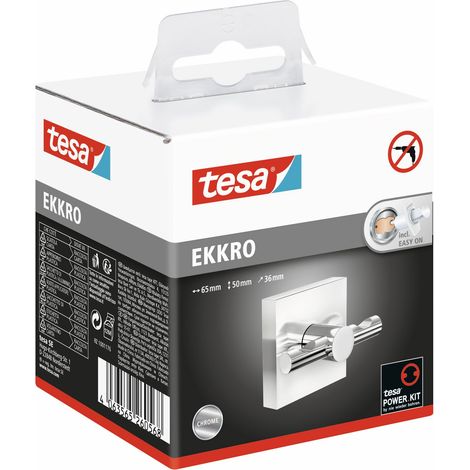 tesa EKKRO Crochet porte-serviettes, acier inoxydable chromé - Crochet de salle de bain pour montage mural sans perçage, avec solution adhésive - 63 mm x 50 mm x 50 mm (1/2)