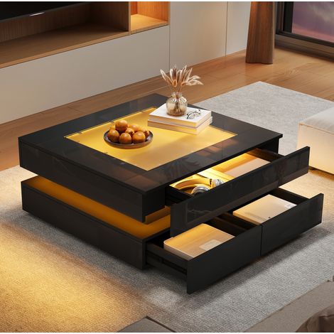 Table basse en verre trempé et panneau de particules, 70 x 70 x 35 cm, noire, avec LED et 3 tiroirs (1/5)