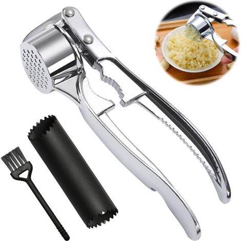 Presse Ail Inox Résistant au Lave-Vaisselle, Presse Ail avec Éplucheur en Silicone et Brosse de Nettoyage, Outil de Cuisine Ergonomique pour Ail Gingembre Noix (1/5)