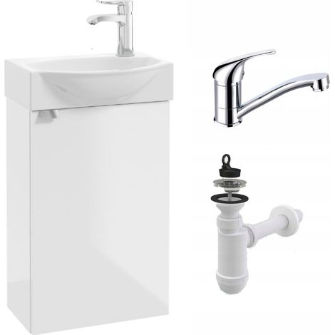 Meuble de salle de bains - Blanc laqué brillant – 40 cm - Lavabo avec meuble sous-vasque - Fixation murale (1/5)