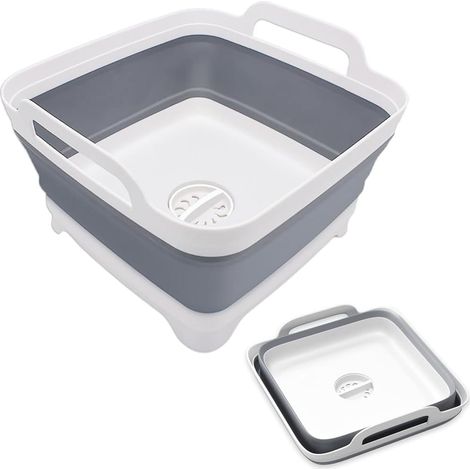 Bassine À Vaisselle Pliable 12L - PP Et TPR - Avec Écoulement Et Poignées - Pour Camping Et Cuisine - Blanc Gris
