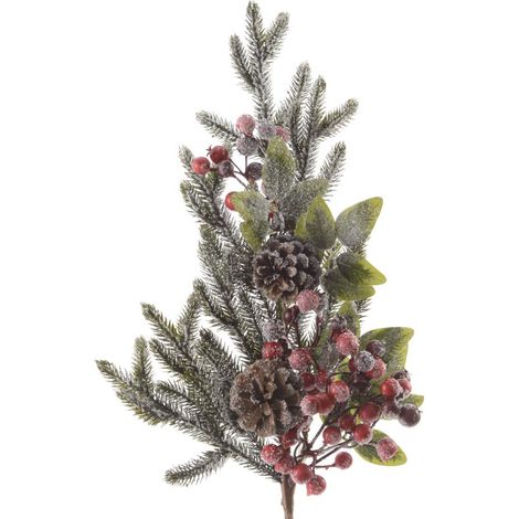 Branche de Noël aux fruits rouges et pommes de pin congelées pour l'intérieur H 50 x 13 cm