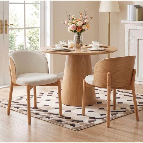 Lot de 2 chaises de salle à manger en bois, tissu lin, dossier incurvé, naturel (1/5)