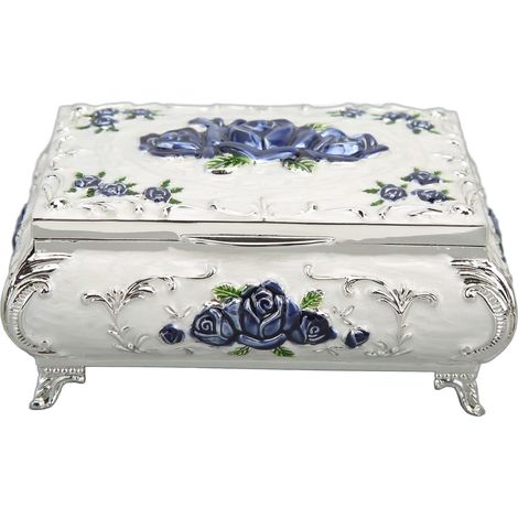 Vintage Jewelry Box, Storage Decoration, Box - for Ladies and Girls, Decorative Rectangular Metal Chest (Medium Silver Blue Pink) (1/5)