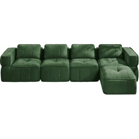 Canapé modulable 4 places vert avec pouf, canapé d’angle en tissu polyester, assise profonde pour salon contemporain (1/5)