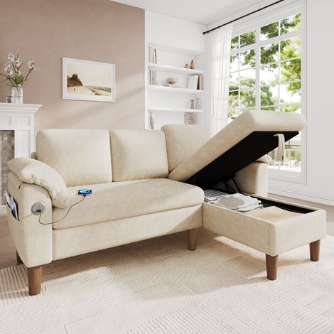 Sofá esquinero en forma de L, sofá de 3 plazas con chaise longue con almacenamiento, se puede montar a la izquierda o a la derecha, puerto de carga USB/Tipo-C, bolsillo lateral, 2 cojines de reposabra (1/5)
