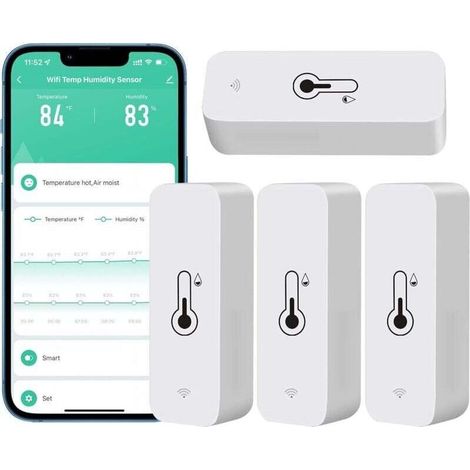 Lot de 4 hygromètres WiFi pour la maison, intérieur et extérieur - Capteur de température et d'humidité sans fil avec alerte d'application à distance, fonctionne avec l'application Tuya (1/4)