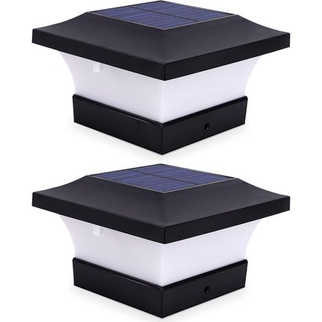 Lot de 2 lampes solaires pour poteau d'extérieur pour éclairage de pont de clôture, éclairage solaire LED haute luminosité 6000 K blanc pour poteaux 4 x 4, 5 x 5 ou 6 x 6 (1/5)
