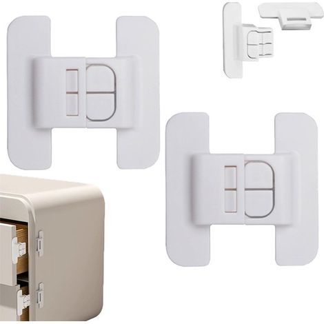 Lot de 2 verrous de porte de réfrigérateur - Sécurité enfant - Fixation auto-adhésive - Protection enfants - Butée de porte - Ferme-porte - Blanc - Convient pour la maison, le camping et les vitrines. (1/5)