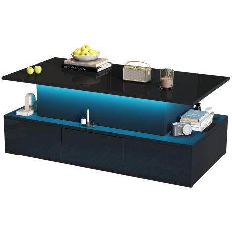 Table basse relevable 100x50x40cm noire laqué haute brillance en MDF avec 4 tiroirs, éclairage LED et rangement caché (1/5)