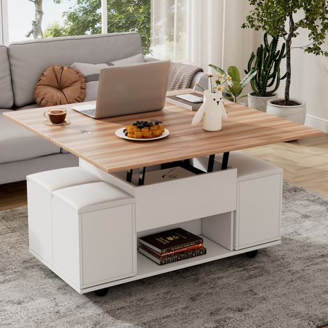 Table basse réglable en hauteur, table basse multifonctionnelle 3 en 1, table de salon avec rangement, convertible en table à manger, table de travail à roulettes avec 4 tabourets, 100 x 50 x 48 cm, b (1/4)