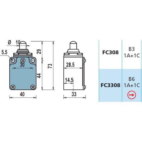 FC3308 1NA + 1NC Interruttore di Posizione a pistoncino medio Finecorsa