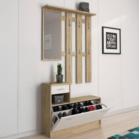 Meuble d'entrée avec miroir, entrée pour hall avec étagère à chaussures, Vide poche pour petits appartements, 100x25h180 cm, couleur Blanc et Chêne (1/5)