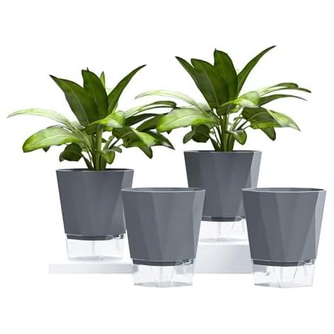 4er Set Selbstbewässernde Blumentöpfe – Perfekt als Fensterbank Kräutertöpfe für die Küche, mit automatischer Wasseraufnahme für gesündere Kräuter und Pflanzen, Grau