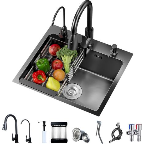 FLASIDU - Évier de cuisine - une cuve - acier inoxydable épais - avec robinets d'eau chaude et froide et robinet d'eau potable - 50×45×20cm, noir