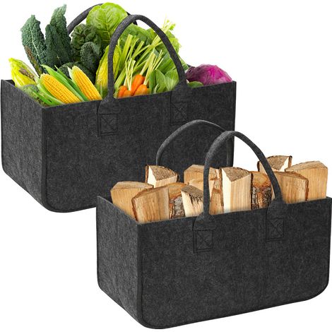 Randaco Lot de 2 Sacs en feutre, Panier à bûches de bois en feutre, sac de rangement gris foncé (1/5)