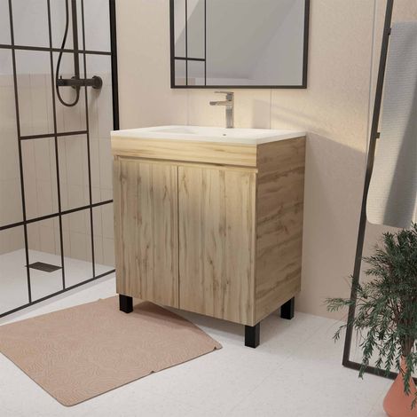 Mueble de Baño 70cm 2 Puertas Aspecto Roble Natural y Lavabo Blanco (1/4)