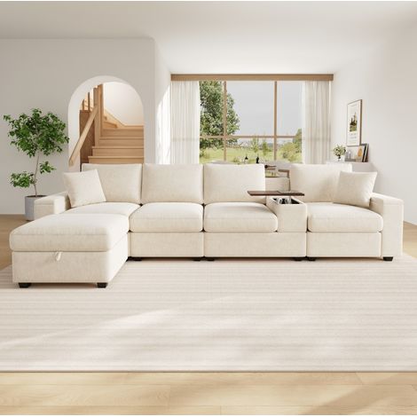 Canapé d'angle modulable beige en chenille avec pouf, USB Type-C et coffre (1/5)