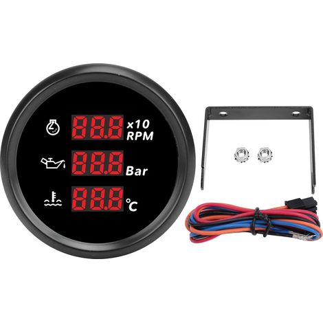 Digitales 52-mm-Öldruck- und Wassertemperaturmessgerät mit Hintergrundbeleuchtung, 3-in-1-LED-Drehzahlmesser für Boote, Yachten, Wohnmobile, Lkw und Motorräder, 810-00325, schwarze Zifferblattlünette (1/5)
