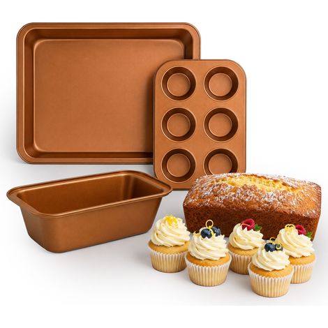Relaxdays Baking Tin Set, 3-piece, muffin tin, loaf tin, roasting tin, non-stick, carbon steel, to 230 °C, copper (1/5)