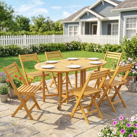 Ensemble de mobilier de jardin en bois certifié FSC, comprenant un salon de jardin 7 pièces, une table extensible et 6 chaises pliantes, un trou pour parasol et un design à lattes. (1/5)