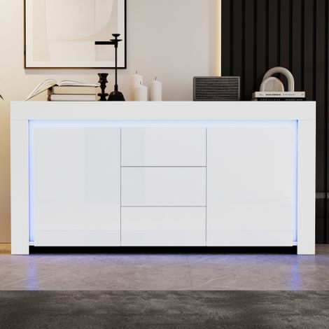 Meuble de rangement pour salon – commode de style moderne (trois tiroirs, deux portes) – buffet laqué brillant avec éclairage LED intégré – meuble de rangement entièrement fonctionnel – convient aux e (1/4)
