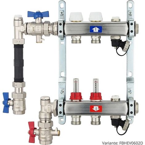 Fußbodenheizungsverteiler aus Edelstahl mit Topmeter für 2 Heizkreise - mit WMZ-Anschlussset 110 mm senkrecht (1/3)