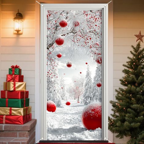 Décorations de Noël 2026 - Bannières, nœuds, décorations de Noël, rideaux de porte - 90 x 180 cm (œillets + ruban) - QL-35