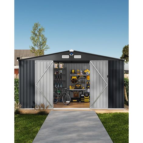Abri de jardin métallique 10×12 FT en acier galvanisé, grande capacité avec portes verrouillables, fenêtres, toit incliné et éclairage solaire, Gris Foncé (1/5)