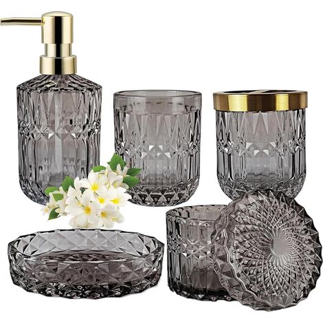 Lot de 5 accessoires de salle de bain en verre gris (1/5)
