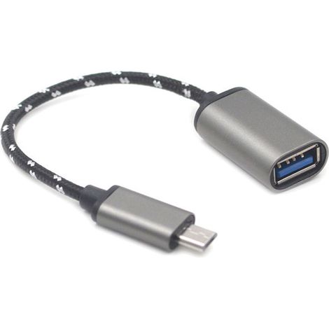 Câble adaptateur USB-C OTG vers USB 2.0, en alliage d'aluminium et nylon tressé, gris. (1/5)