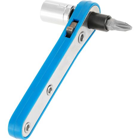 3-in-1-Schraubendreher-Set bestehend aus einem blauen Ratschenschlüssel, einer Stecknuss und einem Schraubendreher-Bit. (1/5)