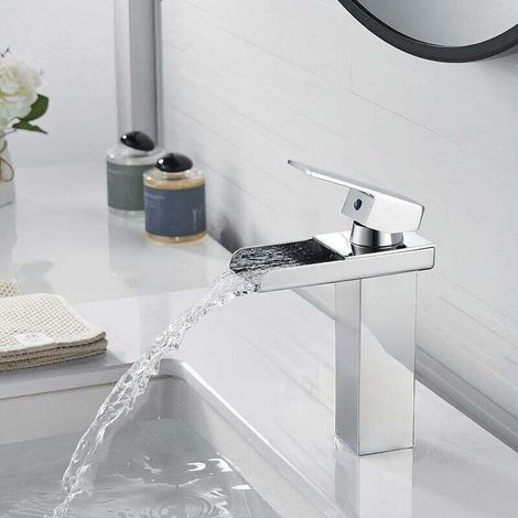 Robinet Salle Bain Cascade Chromé Mitigeur Lavabo en Laiton Moderne Mitigeur Salle de Bain Robinet Lave Main Argent, G3/8 (1/2)