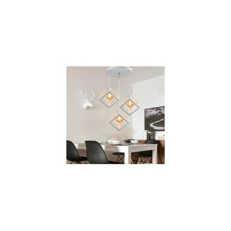 Lustre Suspension LED 3 Lampe Cube Carré en Métal Luminaire Design Industrielle Eclairage Plafond Lumiaire Salon Cuisine Couloir Blanc