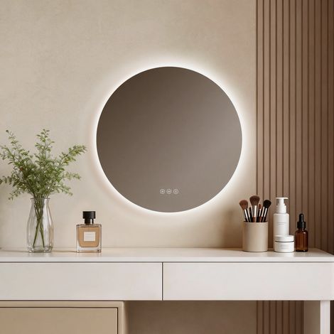 EMKE LED-Badspiegel Rund Ø 70 cm mit Antibeschlag, Touchsteuerung, dimmbar, 3 Lichtfarben und Memory-Funktion
